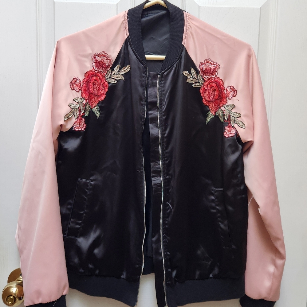 Floral Embroidered Pink and Black Women's Jacket
